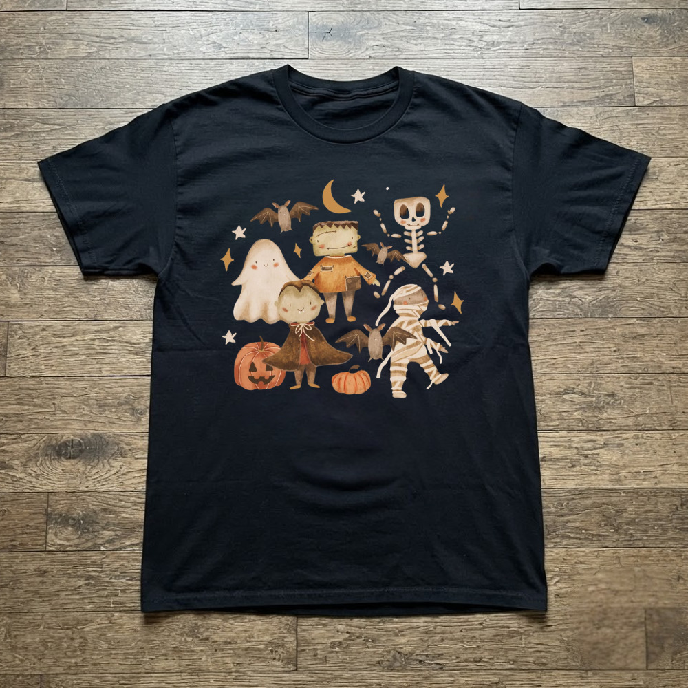 Halloween Ghost Vampire Frankenstein Mummy Skeleton Bats Pumpkin T-Shirt